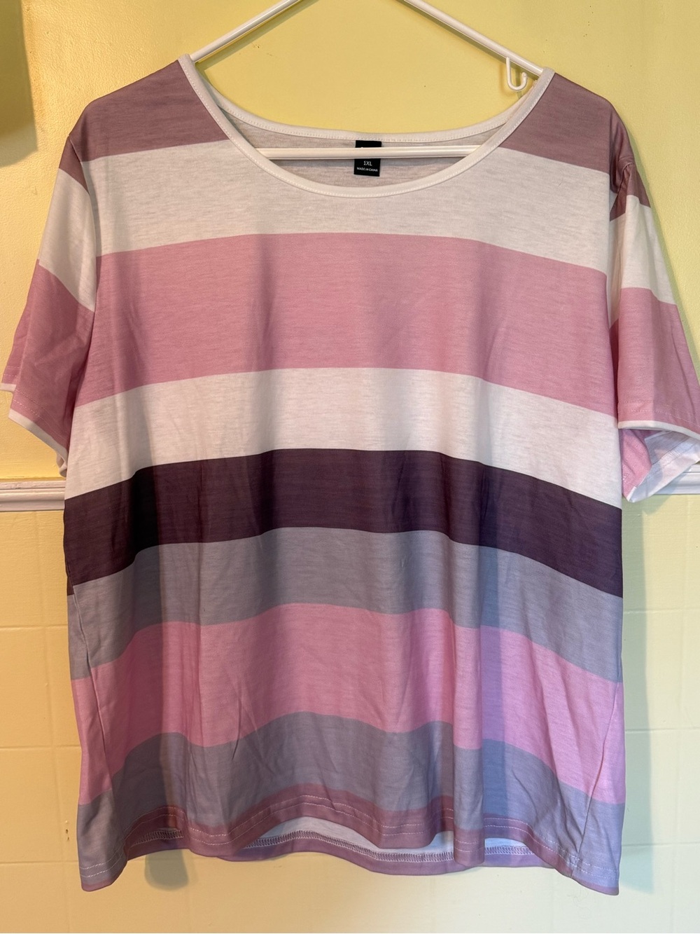 SHEIN Short-Sleeve Striped Tee in Pink, White & Purple